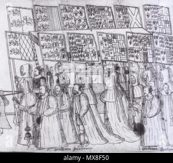 . Detail of the funeral procession of Elizabeth I of England showing the heraldic banners of Elizabeth's ancestors' arms marshaled with their wives' arms, from British Library MS Additional 5408 . Early 17th century. Anonymous 184 Eliz funeral banners bw Stock Photo