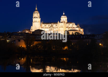 Salamanca Cathedral from  River  in autumn  night. Castile and Leon, Spain Stock Photo