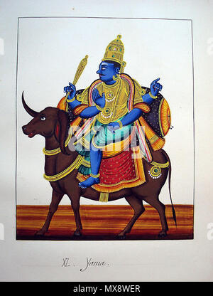 . English: Gouache painting on paper from an album of eighty-two paintings of Hindu deities. Four-armed and dark-complexioned Yama rides on his bejewelled and caparisoned buffalo. In his upper right hand is the danda (staff). His upper left is in suchi mudra, his lower right is in abhaya mudra, and his lower left is by his waist. circa 1850. Company School 214 Four-armed and dark-complexioned Yama rides on his bejewelled and caparisoned buffalo. In his upper right hand is the danda (staff) Stock Photo