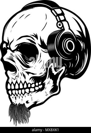 Bearded skull in headphones. Design element for sign, badge, label. Vector image Stock Vector