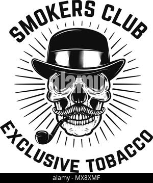 Smokers club. Human skull with smoking pipe . Design element for sign, badge, label, poster, card. Vector image Stock Vector