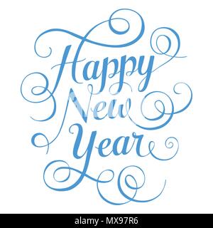 Blue lettering Happy New Year for greeting card on white background. Vector illustration.