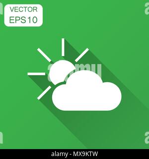 Weather forecast icon in flat style. Sun with clouds illustration with long shadow. Forecast sign concept. Stock Vector