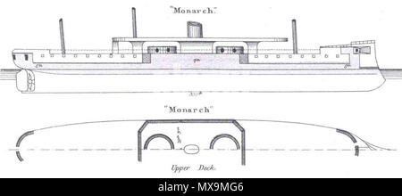 . Diagrams depicting right elevation and plan views of British ironclad turret battleship HMS Monarch. circa. 1869-1888. Brassey's 281 HMS Monarch diagrams Brasseys 1888 Stock Photo