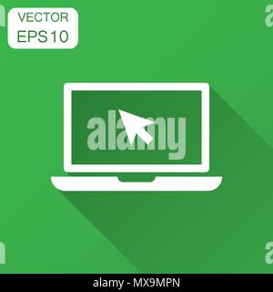 Laptop notebook with mouse cursor vector icon in flat style. Laptop screen with long shadow. Computer monitor concept. Stock Vector