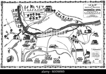 . English: Map drawn and published by A.T. McRae, C.S.A., of the Battle of Greenbrier, West Virginia, Oct. 3, 1861, Pocahontas County. circa 1865. A.T. McRae 254 Greenbrier Battle Stock Photo