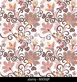 Vintage pattern in indian batik style. Floral hand draw vector background. Pastel pink and beige on white. Stock Vector