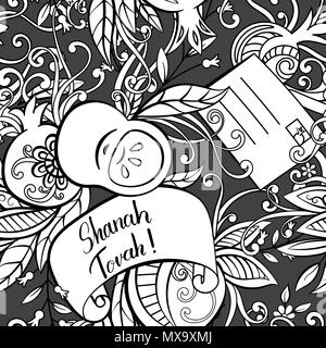 Rosh Hashanah Jewish New Year seamless pattern. Hand drawn elements apples, pomegranate greeting cards and flowers. Vector illustration black background. Stock Vector