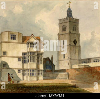 . The Black and White House, rear view showing two gentlemen walking and the tower and part of the south wall of St John at Hackney church. Attributed to T.Fisher. Figures suggest that view is intended to be c 1750 but may well be c1790, before demolition of 1796. Watercolour. source The Learning Curve - Tudor Hackney  This is a photo of listed building number 1265635.  . T. Fisher 264 1750 st augustines tower Stock Photo