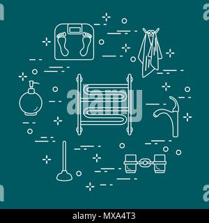 Bathroom elements:  scales, towel warmer, faucet, plunger, glasses, soap dispenser, towels. Design for poster or print. Stock Vector