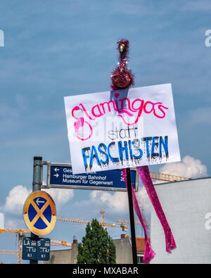Germany,Berlin-Mitte, 27th May 2017. Flamingos intead of fascists. Anti Right wing poster at Berlin anti Afd rally & Stop the Hatred Demonstration.    Stock Photo