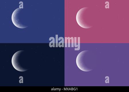 Set of four night sky of different colors, with crescent moon and stars - vector Stock Vector