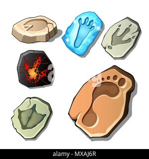 A set of footprints of fossil animals and man isolated on white background. Vector cartoon close-up illustration. Stock Vector