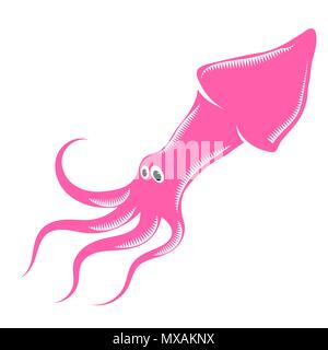 Pink Cartoon Squid Isolated. Cute Seafood. Animal Under Water. Sea Monster Stock Vector