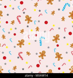 Vector Christmas seamless background with snowmen, stockings, Santa hats, holly, boxes, cookies, oranges, snowballs, candy canes and fir branches on b Stock Vector