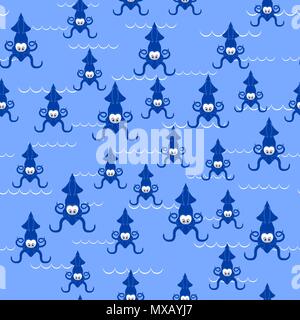 European Squid Silhouette Seamless Pattern. Cute Seafood. Animal Under Water. Sea Monster Stock Vector