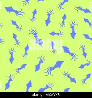 European Squid Silhouette Seamless Pattern on Yellow Background. Cute Seafood. Animal Under Water. Sea Monster Stock Vector
