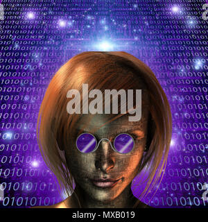 Cyborg girl wearing purple glasses. Binary code background Stock Photo