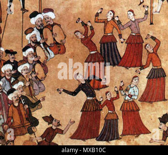 . Kocecks dancing, from the Surname-i Vehbi. The Surname-i Vehbi is an illustrated account of the circumcision ceremony of Sultan Ahmed III's three sons. The festival took place in 1720 and lasted for fifteen days and nights. Its opulence and splendor were documented in the Surname, a book commissioned for the occasion. It is named after its author, the court poet Seyyd Hüseyin Vehbi. The book is illustrated with 137 miniatures by Abdülcelil Levni Çelebi, the court painter, and his apprentices 344 Koceks - Surname-i Vehbi Stock Photo
