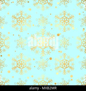 Christmas gold snowflake seamless pattern. Golden snowflakes on blue background. Winter snow texture wallpaper. Symbol holiday, New Year celebration V Stock Vector