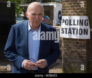 Liberal Democrat leader, Vince Cable MP, casts his vote alongside his wife Rachel in the local elections. Heatham House,  Twickenham, London, UK.  Featuring: Vince Cable MP Where: London, England, United Kingdom When: 03 May 2018 Credit: Wheatley/WENN Stock Photo