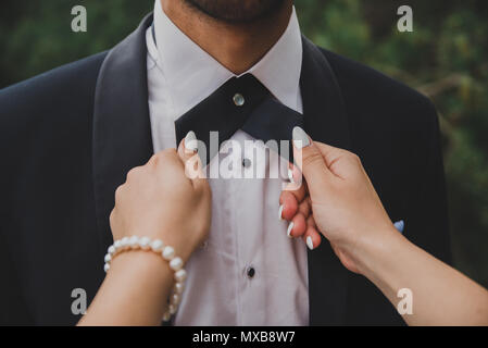 Groom at wedding tuxedo in the forest Stock Photo