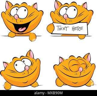 cute ginger cat peeking out, holding tag, sleeping and smiling on whit a background - vector cartoon Stock Vector