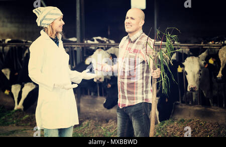 Positive couple of vets working with milky cows in cowhouse outdoors