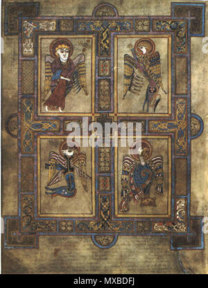 . English: Image of Folio 27v, with the four evangelist symbols from the en:Book of Kells, a 1200 year old book. Scanned from: Meehan, Bernard; The Book of Kells': an illustrated introduction to the manuscript in Trinity College Dublin. London: Thames and Hudson, 1994. p. 8. . This file is lacking author information. 339 KellsFol027v4Evang Stock Photo