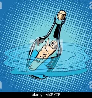 SOS bottle with note, sea. Comic cartoon pop art retro vector illustration kitsch vintage drawing Stock Vector