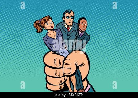 People prisoners in the giant fist. Comic book cartoon pop art retro illustration Stock Vector
