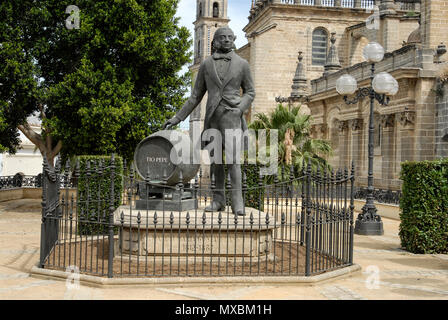 Statue of sherry producing founder: Manuel Maria Gonzalez Angel of the Gonzalez Byass Bodega (Celler) in Jerez de la Frontera in Andalusia, southern S Stock Photo