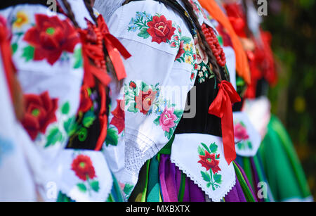 Regional, folklore costumes, colorful handmade shirts with symbols embroidered and necklaces During Corpus Christi parade. Stock Photo