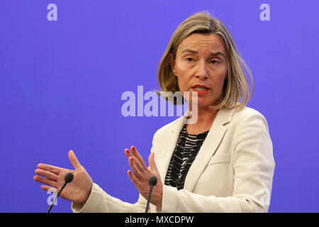 Sofia, Bulgaria - 5 May 2018: High Representative of the Union for Foreign Affairs and Security Policy Federica Mogherini attends a press conference d Stock Photo