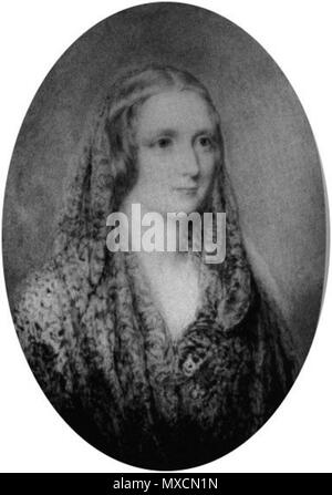 . Reginald Easton painted this miniature portrait of Mary Shelley, on a flax coloured background. It incorporates a circlet backed by blue, the same seen in the Rothwell painting and a shawl.[1][2] . 1857[1]. Reginald Easton[3] (born 1807, died 1893) 405 MaryShelleyEaston Stock Photo