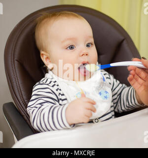 Young mother feeding her little baby son with porridge,who sitting in high baby chair for feeding. Kitchen, indoor Stock Photo