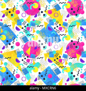 Memphis seamless pattern of geometric shapes for tissue and postcards. Hipster poster 80's-90's styles, juicy, bright color background of different sh Stock Photo