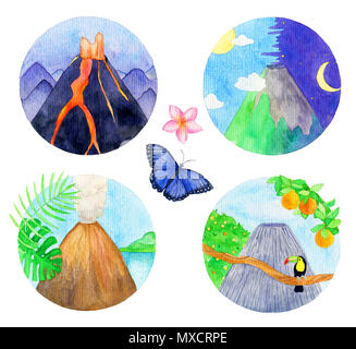 Watercolor volcano illustrations set, Hand drawn tropical sceneric view with volcanoes, butterfly and exotic flower isolated on the white background Stock Photo