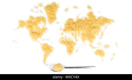 map of the world made of cane sugar on white background with metallic spoon full of cane sugar Stock Photo