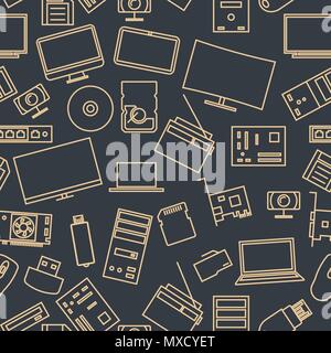 Seamless pattern from a set of computer and gadget icons of thin lines, vector illustration. Stock Vector