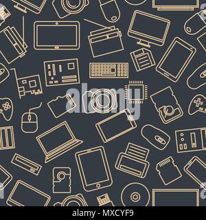 Seamless pattern from a set of computer and gadget icons of thin lines, vector illustration. Stock Vector