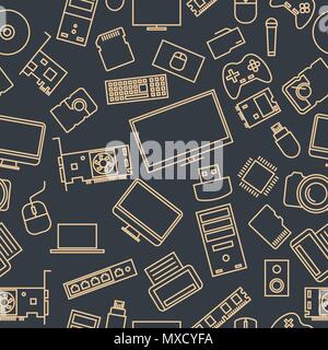 Seamless pattern from a set of computer and gadget icons of thin lines, vector illustration. Stock Vector