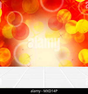 abstract red wall with various grafic ellements with white ceramic mosaic floor in the front part of the image Stock Photo