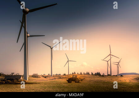 Wind turbines, Cezallier windfarm, Puy de Dome, Auvergne, France Stock Photo