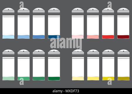 Sets of infographic rectangular white charts with metal labels on hanging ready for your text. Each set of four charts is designed  with another color Stock Vector