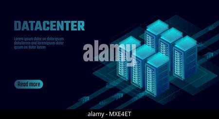 Isometric datacenter cloud computing storage concept banner. Site hosting big data processing rack rent. Mainframe computer network system server farm mining 3d neon dark design vector illustration Stock Vector