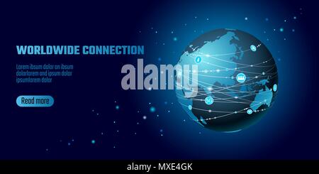 Global network connection. World map Asia continent point line worldwide information technology dat exchange business. Planet Earth space low poly polygonal render vector Illustration Stock Vector