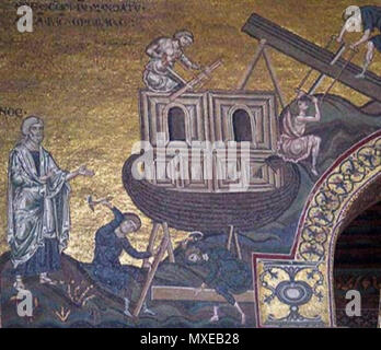 . English: Construction of Noah's Ark. Mosaic in Monreale cathedral, Sicilia. 14th century. Anonimous master 448 Noah moreale01 Stock Photo