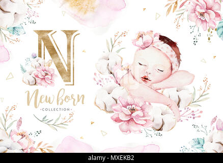 Cute newborn watercolor baby. New born child illustration girl, boy painting. Baby shower isolated birthday painting card. Handmade painting. Stock Photo