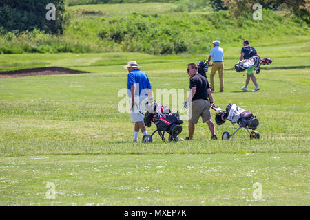 Golfers chatting on the golf course. Stock Photo